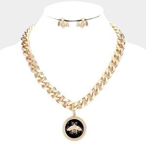 Honey Bee Enamel Round Pendant Necklace Set